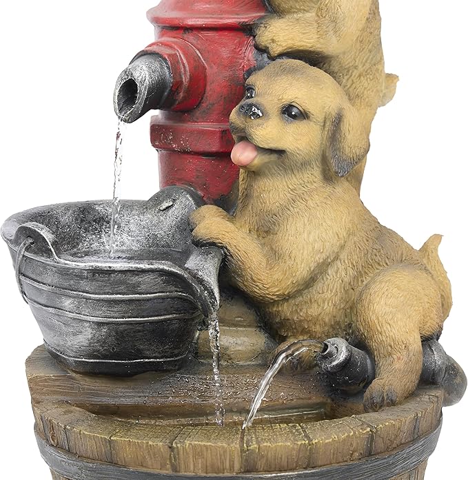 Alpine Corporation GXT986 26" Tall Outdoor Barrel Fountain with Playful Puppies, Cascading Garden Water Feature for Patio, Lawn, or Yard Decor, Brown