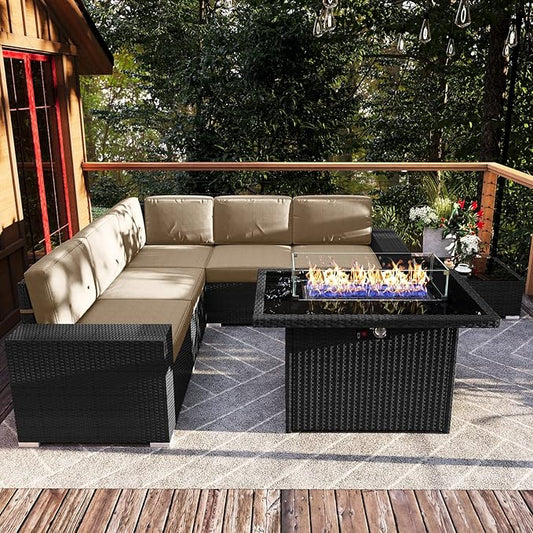 7 Pieces Patio Furniture Set with 44" Propane Gas Fire Pit Table, Outdoor Sectional Wicker Conversation Sofa Sets with Coffee Table
