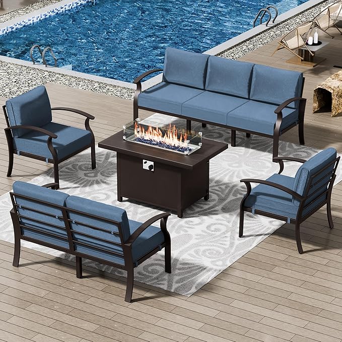 Patio Furniture Set 5-Piece Aluminum Armrest Sofa, Modern Outdoor Living Room Set with 55000 BTU Propane Aluminum Fireplace, Outdoor Rotary Joystick with Thick Cushion