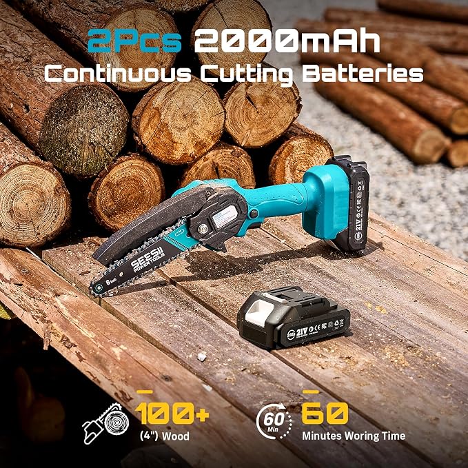 Seesii Mini Chainsaw, 6-inch Mini Chainsaw Cordless, Handheld Electric Power Chain Saw with 2 Batteries, for Tree Trimming Wood Cutting, Best Gifts for Father, Dad, Husband, Men - Image 4