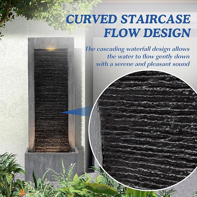 49.6" H Waterfall Fountains Outdoor Garden - Water Fountains and Waterfalls Outside, Large Indoor Floor Standing Resin Fountain Features W/Pump LED Light Cobbles for Patio, Home Art Decor
