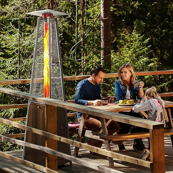Nuu Garden Pyramid Propane Patio Heater 48,000 BTU with Wheels, Outdoor Glass Tube Heating Tower for Deck, Porch, Camping, Backyard, Stainless Steel Burner, Wood-Grain Finish