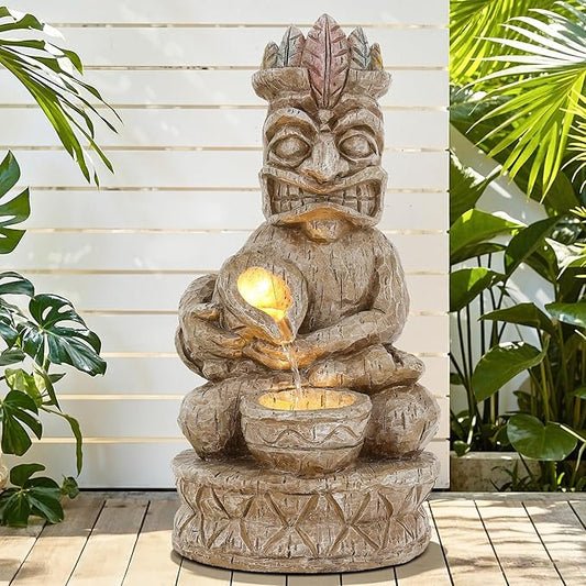 23" Tiki Outdoor Water Fountain, 2-Tier Water Feature with LED Lights, Soothing Cascading Waterfall for Tranquile, Relaxing, Meditative Patio, Backyard, Garden or Porch