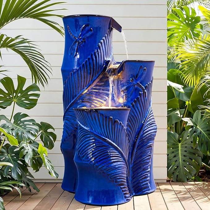 25.5" H Ceramic Outdoor Water Fountain with LED Lights, 3-Tier Bamboo-Style Water Feature with Leaf & Dragonfly Patterns, Soothing Tranquil Waterfall for Garden, Patio & Yard, Cobalt Blue
