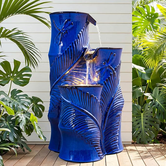 25.5" H Ceramic Outdoor Water Fountain with LED Lights, 3-Tier Bamboo-Style Water Feature with Leaf & Dragonfly Patterns, Soothing Tranquil Waterfall for Garden, Patio & Yard, Cobalt Blue