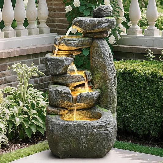 Outdoor Garden Water Fountain with Lights Cascading Large Waterfall Floor Standing Fountain for Patio, Backyard, Deck, Porch and Home Art Decor (32.68'' Gray)
