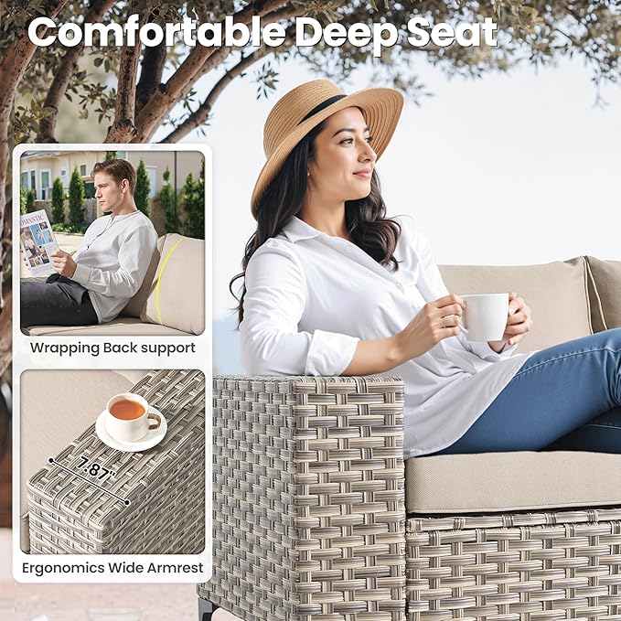ovios 8-Piece Patio Furniture Set with L-Shape Sofa Chaise, Outdoor Sectional Couch Swivel Gliders Fire Pit Table, Modern Modular Wicker Rattan Conversation Set, Beige