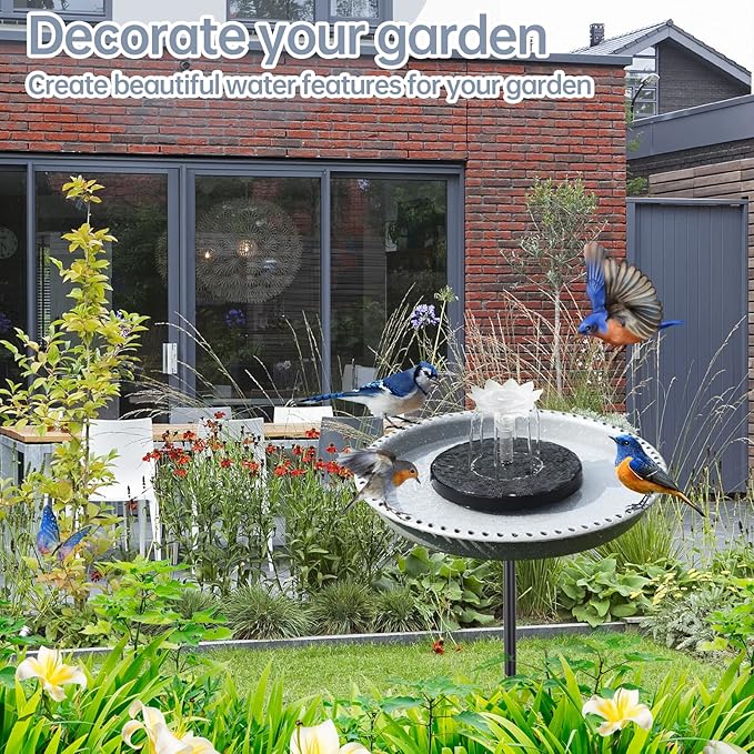 Solar Powered Bird Bath with Fountains for Hummingbirds,Stable Stylish Design with 5-Prong Base Metal Stake Plastic Bird Baths for Outside Lawn Patio Yard Garden