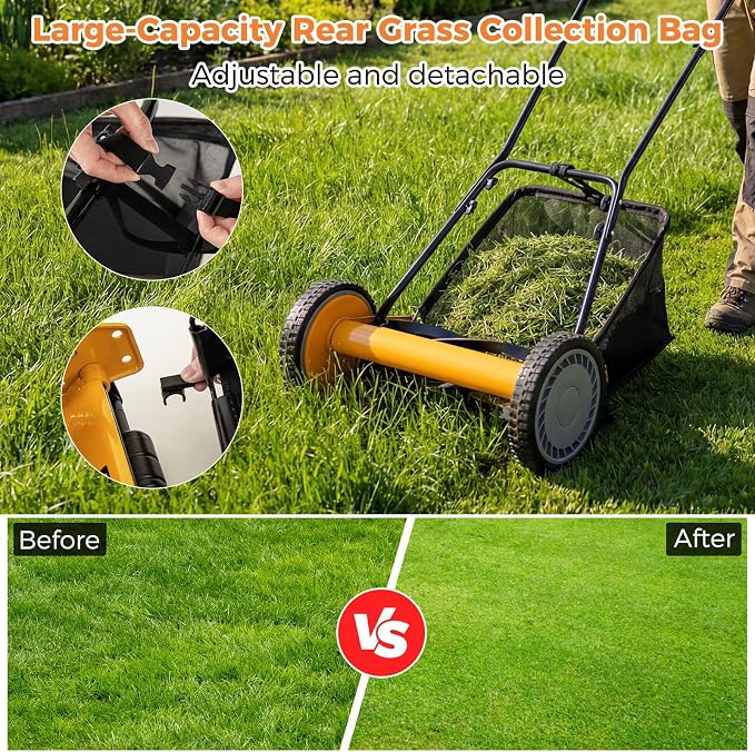 16" Manual Rear Mower, Push Lawn Mower with 5 Steel Blades, Adjustable Cutting Heights & Grass Catcher Bag, Walk-Behind Grass Cutter Lawn Sweeper for Garden, Park & Yard (Orange) - Image 5