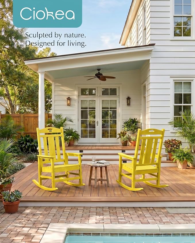 Ciokea Oversized Outdoor Rocking Chair, 380lbs Heavy-Duty Large Patio Rocker, Weather Resistant & Anti-Fade Porch Chair, High Back Cozy Rocking Chair for Outside, Fire Pit, Deck, Garden, Citron Yellow - Image 6