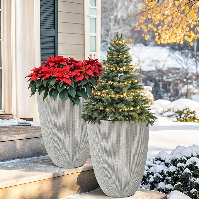 19" Tall Planter for Indoor Outdoor Plants, Set of 2 Large Flower Pot with Drainage Hole, Weather/UV-Resistant Resin Planters for Garden Patio Porch Home office Decor, Mediterranean Beige Fluted