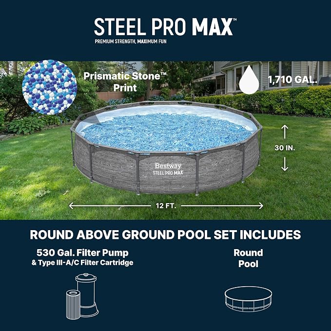 Bestway Steel Pro MAX 12' x 30" Above Ground Pool, Round Metal Frame Outdoor Swimming Pool Set with Filter Pump, Stacked Stone Print - Image 3