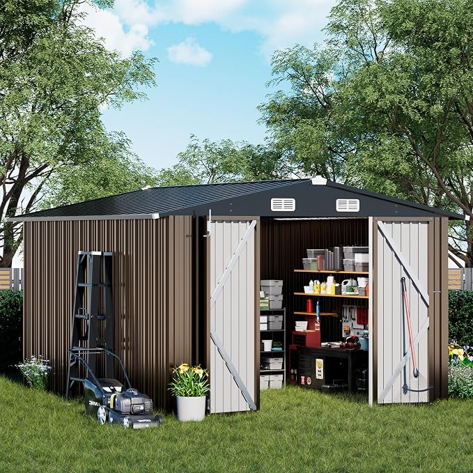 COMHOMA Shed Outdoor Storage Shed Metal,Lockable Doors Tool Sheds with Sloping Roof,Steel Garden Shed with Air Vent for Backyard,Patio,Lawn,Poolside (Brown, 10'x12') - Image 2