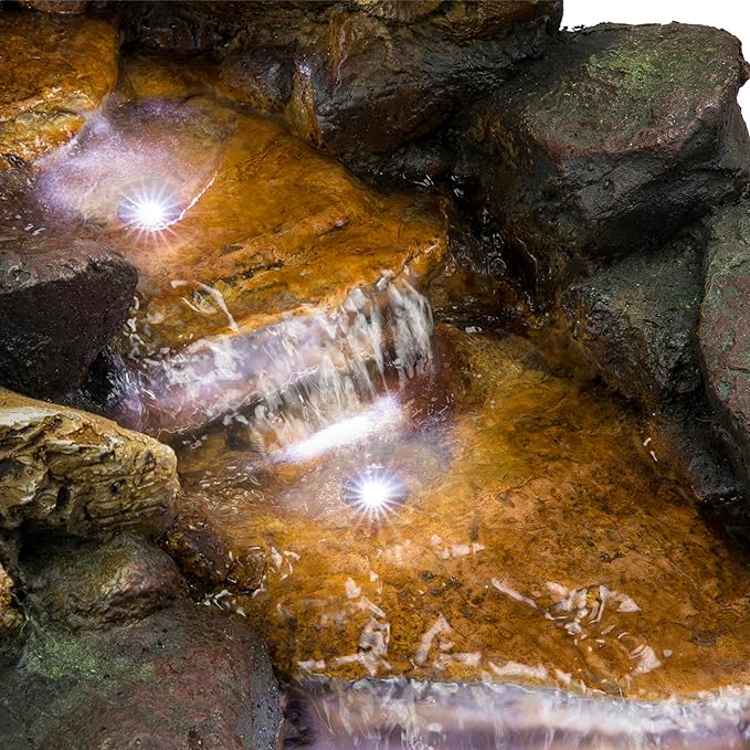 Alpine Corporation TZL296 41" Long Indoor/Outdoor River Rock and Log Fountain with LED Lights – Outdoor Water Feature for Garden, Patio, and Home Décor, Brown