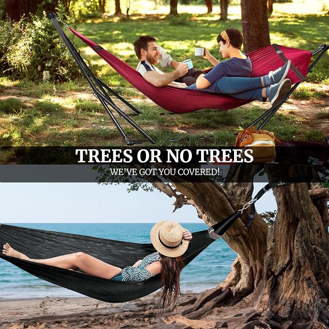 Tranquillo Combo x2 Hammocks with Stand for Outside & Tree Straps, Heavy Duty Hammock with Stand 600lbs for Indoor Outdoor Patio Backyard, x2 Hammocks for 2 Person (Combo - Red, Medium) - Image 9