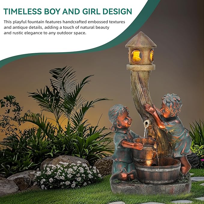 31" Boy & Girl Outdoor Water Fountain with LED Lights, Pagoda and Wood Barrel Garden Fountain, 3-Tier Cascading Waterfall for Tranquil Backyard, Patio or Porch, Faux Bronze Finish