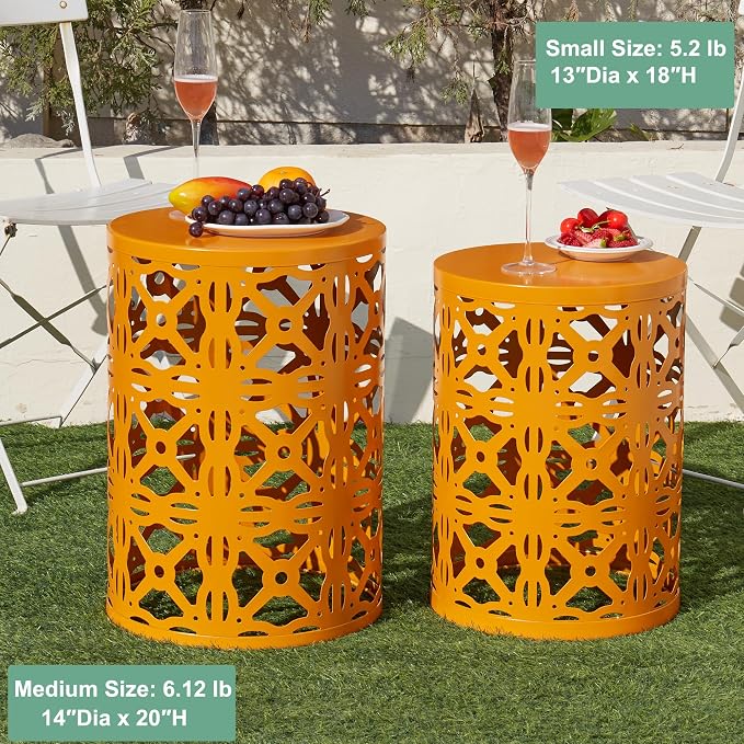 Y&M Metal Round Table, Coffee Table End Patio Table for Indoor Outdoor Multifunctional Use, Heavy Duty Metal Plant Stand Decorative Garden Stool Set of 3 - Orange - Image 4
