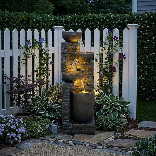 38.2 ''H Cascading Bowls and Stacked Stones with Led Lights Outdoor Water Fountain for Gardens, Landscaping, Balconies, Floor Patio,Backyard and Home Art Decor