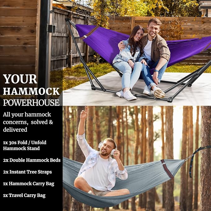 Tranquillo Combo x2 Hammocks with Stand for Outside & Tree Straps, Heavy Duty Hammock with Stand 600lbs for Indoor Outdoor Patio Backyard, x2 Hammocks for 2 Person (Combo - Purple, Medium) - Image 8