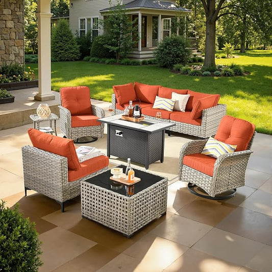 9 Pcs Patio Furniture with Fire Pit Table, Outdoor Rattan Wicker Conversation Set with Glowing Coffee Table, Comfy Sectional Sofa for Porch Balcony Backyard Pool, Orange