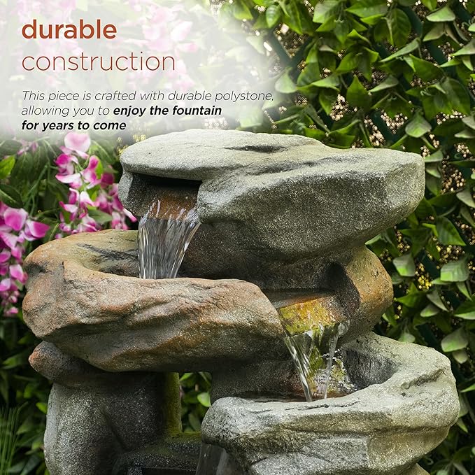 Alpine Corporation WIN1484S Cascading Natural Stone Fountain with LED Lights, Waterfall for Garden, Patio, & Lawn, 41" H