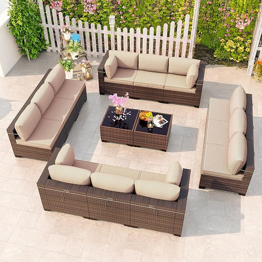 Kullavik 14 Pieces Outdoor Patio Furniture Set,Sectional Rattan Sofa Set Brown PE Rattan Wicker Patio Conversation Set with Tempered Glass Coffee Tables and Washable Cushions Covers,Sand