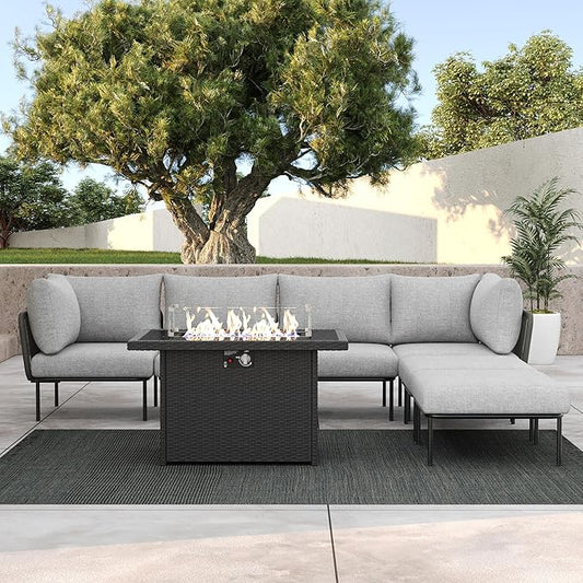 LayinSun 7 Pieces Aluminum Patio Furniture Set, Modern Modular Sectional Sofa with Fire Pit Table and Upgrade Thickness Cushion