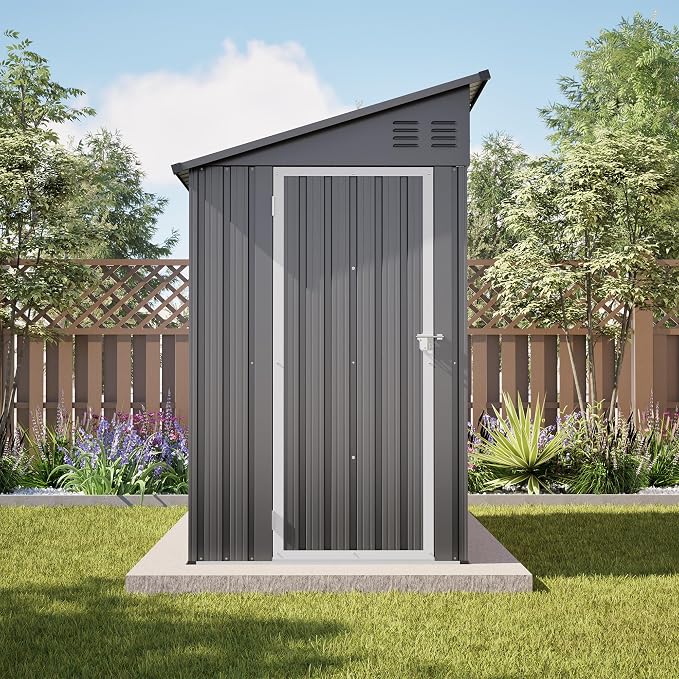 YOPTO 4×8 FT Lean to Metal Shed,Outdoor Heavy-Duty Storage Shed with Floor Base,All Weather Waterproof Garden Tool House W/Lockable Door&2 Air Vents,Reversible Door Design,for Backyard,Patio,Lawn,Gray - Image 4