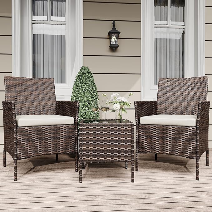3 Piece Patio Furniture Set, Outdoor Patio Wicker Sofa Set with Upholstery and Glass Storage Coffee Table, All Weather Conversation Rattan Set for Garden, Porch, Lawn, Pool, Brown