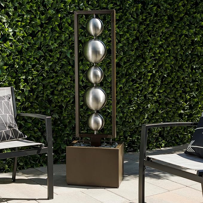 Alpine Corporation CPS194 Outdoor Modern Column Water Floor Fountain with Stainless Steel Orbs, 55" H, Brown