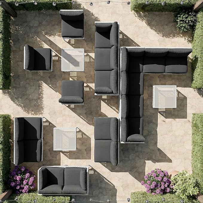 Vikiullf Patio Conversation Set, 7 Piece Outdoor Sectional Sofa Set with Coffee Table, White Wicker with Grey Cushions (White and Grey, 7 piece)