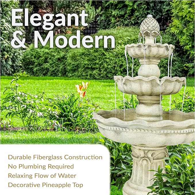 Sunnydaze 51-Inch Electric Water Fountain - Outdoor Water Feature - 3-Tier Outdoor Fountain with Pineapple Top - White