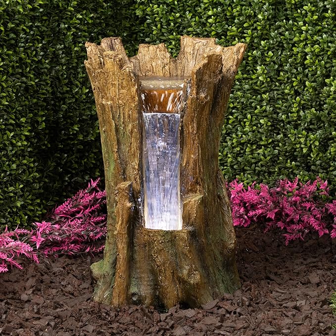 Alpine Corporation TZL294 Outdoor Tree Trunk Floor Fountain with Cool White LED Lights, Tiered Garden Decor, 22" H, Brown
