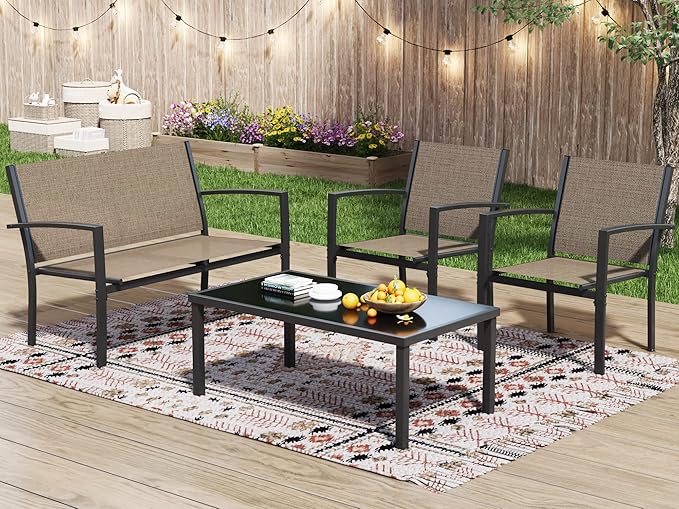 Greesum GS-LCT4PCSBN 4 Pieces Patio Furniture Set Outdoor Conversation Textilene Fabric Chairs for Lawn, Garden, Balcony, Poolside with A Glass Coffee Table, Brown