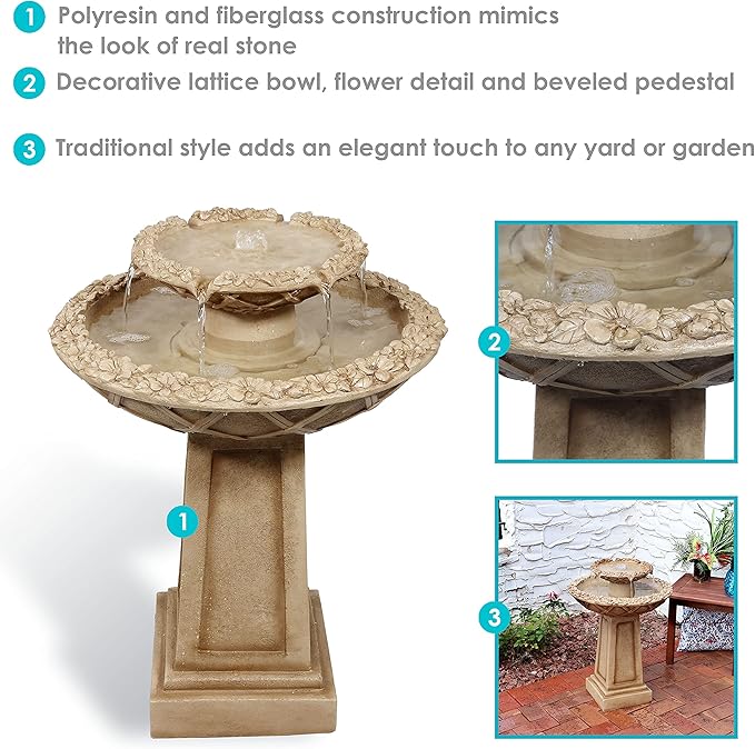 Sunnydaze Beveled Flower 28-Inch 2-Tier Outdoor Water Fountain - Backyard Water Feature & Bird Bath for Patio, Yard or Deck