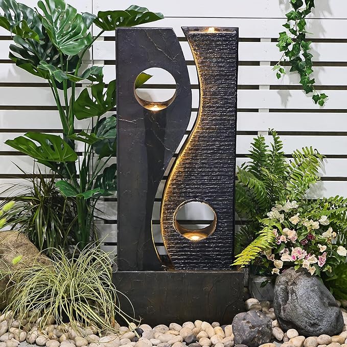 47 inches Water Fountain Outdoor Garden - Waterfall Indoor Modern Large Freestanding Water Feature Fountains Faux Rust Finish with LED Lights for Patio Yard Pool Home Decor