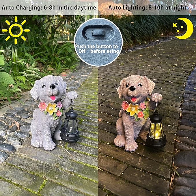 Dog Solar Light, Solar Dogs Statues Outdoor with Lantern, Cute Dogs Garden Figurines for Patio and Yard Decor, Gardening Gifts for Mom, Grandma, Dog Lovers