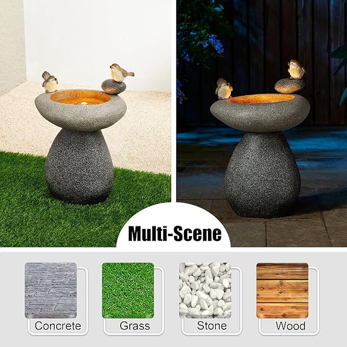 Glitzhome 20.75" H Water Fountain with LED Light and Pump, Zen Style Faux Stone Texture Birdbath Outdoor Fountains with Birds Decor, Floor Fountain for Porch Deck Patio Backyard
