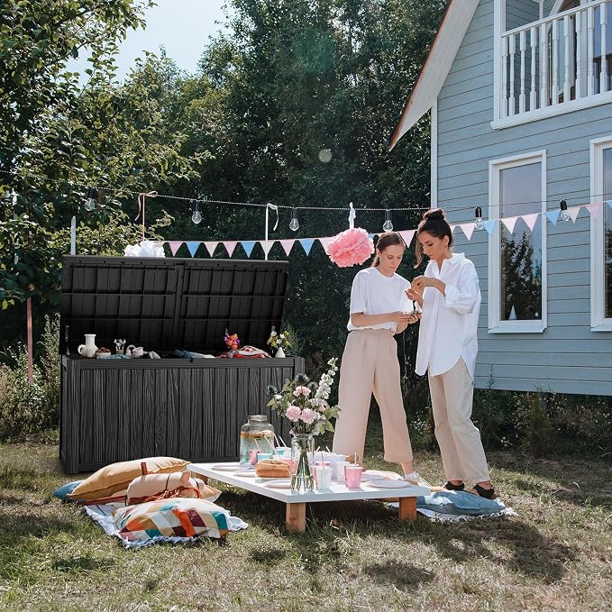 PatioZen 230 Gallon Resin Deck Box, Lockable Patio Outdoor Storage Box for Furniture, Garden Tools and Tools Storage, Waterproof Outside Storage Boxes - Black - Image 7