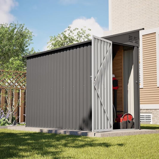 YOPTO 4×8 FT Lean to Metal Shed,Outdoor Heavy-Duty Storage Shed with Floor Base,All Weather Waterproof Garden Tool House W/Lockable Door&2 Air Vents,Reversible Door Design,for Backyard,Patio,Lawn,Gray by Unknown