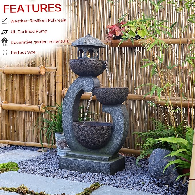Water Fountain Outdoor Zen Feature - Garden Tranquil Pagoda Waterfalls Fountains Bowl with LED Lights & Pump for Patio Yard Porch Pool, Gray, 35.5 inches