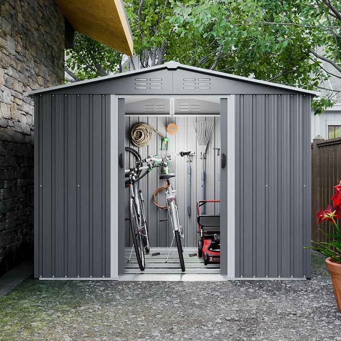 YOPTO 8X6 FT Outdoor Storage Shed with Roof,Waterproof House Tool Cabinet W/Metal Foundation & Lockable Doors,for Shovels,Umbrellas,Antennas,Escalators,Gray by Unknown