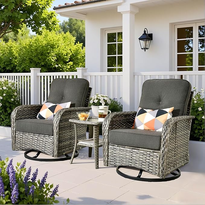 Wicker Rocking Chair Swivel Chairs - 3 Piece Rocker Glider Patio Chairs Set Rattan Rocking Chair for Outdoor Porch Deck Garden Backyard,Black