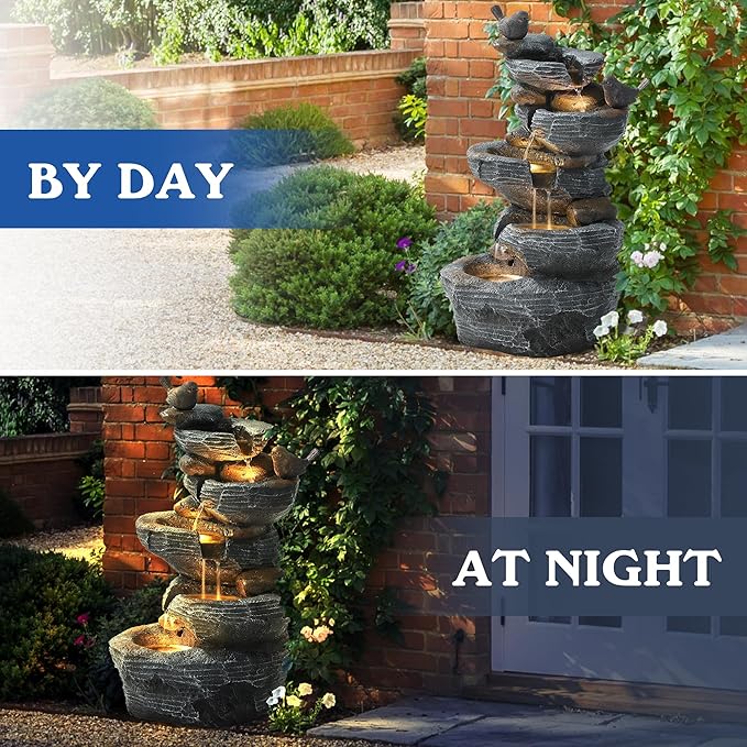 TITIMO 5-Tier Cascading Rock Water Fountain Outdoor Garden Waterfall with Lights, Fountain Indoor Decor for Garden, Patio, Backyard, Deck, Porch and Home Art Decor