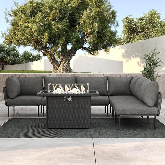LayinSun 7 Pieces Aluminum Patio Furniture Set, Modern Modular Sectional Sofa with Fire Pit Table and Upgrade Thickness Cushion