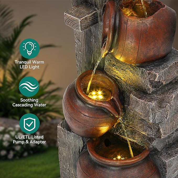 31.5" H Outdoor Water Fountain with LED Lights and Pump, Cascading Pitchers Farmhouse Garden Fountain Waterfall for Patio, Porch, or Yard