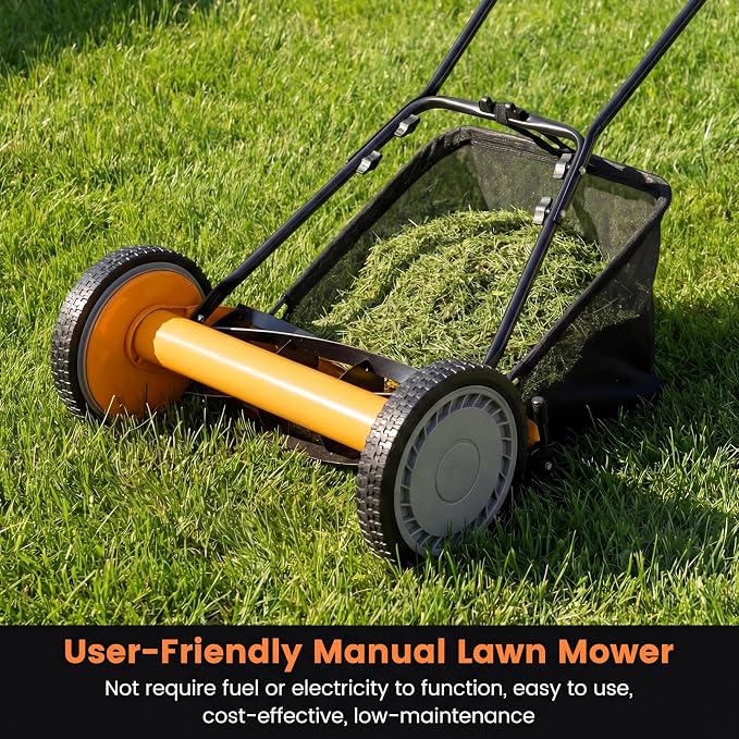 16" Manual Rear Mower, Push Lawn Mower with 5 Steel Blades, Adjustable Cutting Heights & Grass Catcher Bag, Walk-Behind Grass Cutter Lawn Sweeper for Garden, Park & Yard (Orange) - Image 2