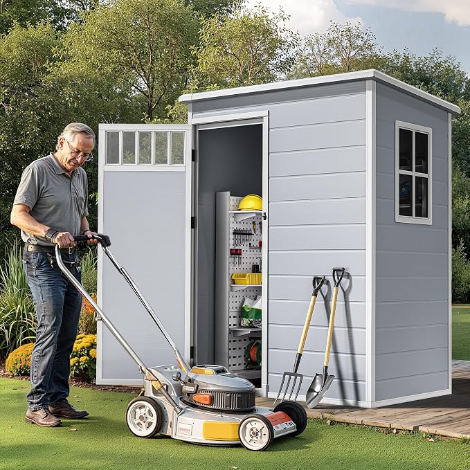 DWVO Outdoor Storage Shed, All-Weather Resin Plastic Storage Shed with Windows, Slanted Roof, Raised Floor, Capacity for Garden Tools & Equipment, Ideal for Backyard & Garden (Gray, 5X3FT) - Image 2