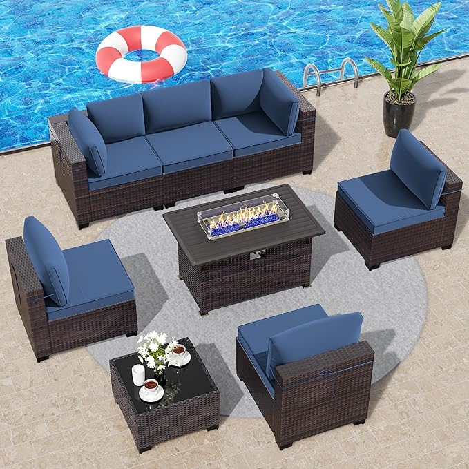 Outdoor Patio Furniture Sets with Propane Fire Pit Table, 8 Pieces Outdoor Furniture Patio Sectional Sofa Conversation Sets w/ETL Approved 43" Gas Outdoor Fire Table & Coffee Table (Dark Blue)