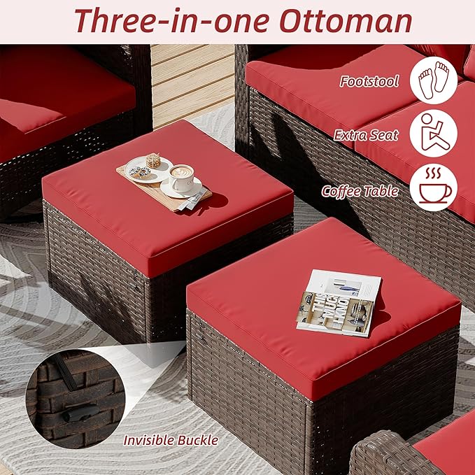 HOMREST 5 Piece Outdoor Patio Furniture Set-360 Wicker Swivel Chairs Set of 2 w/ 2 Ottoman, Coffee Table & Cushions Patio Bistro Set for Garden, Balcony (Wine Red)